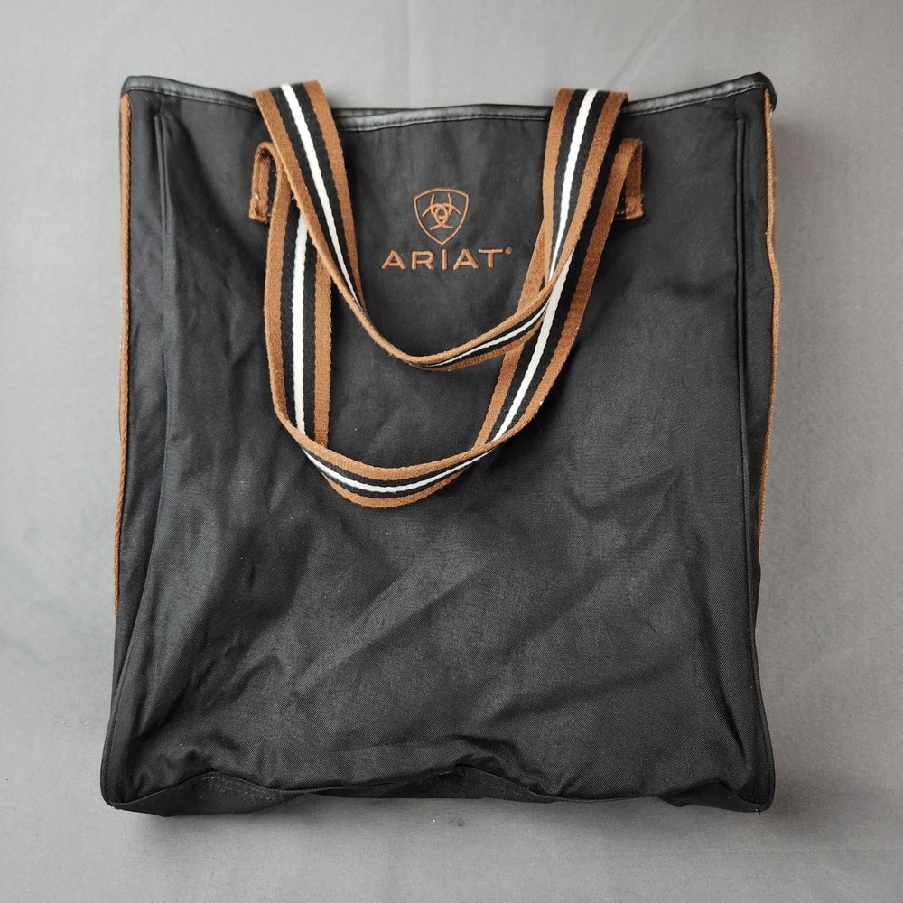 Ariat Black Tote Bag Brown White Striped Straps Large Interior‎ Pocket